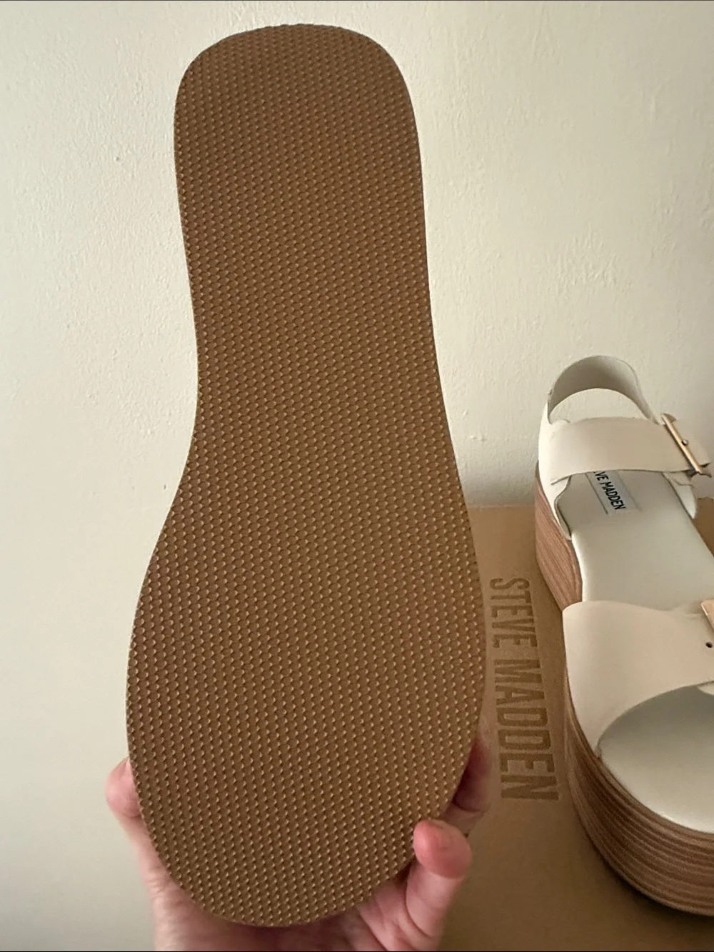 Steve Madden Cream Leather Platform Sandals with Gold Buckles